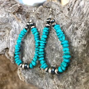 Turquoise and Silver Beaded Hoop Earrings